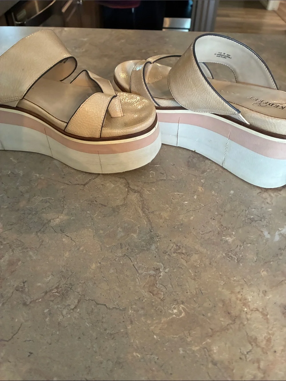 Naked Feet Cream Platform Slide Sandals with Pink Accent